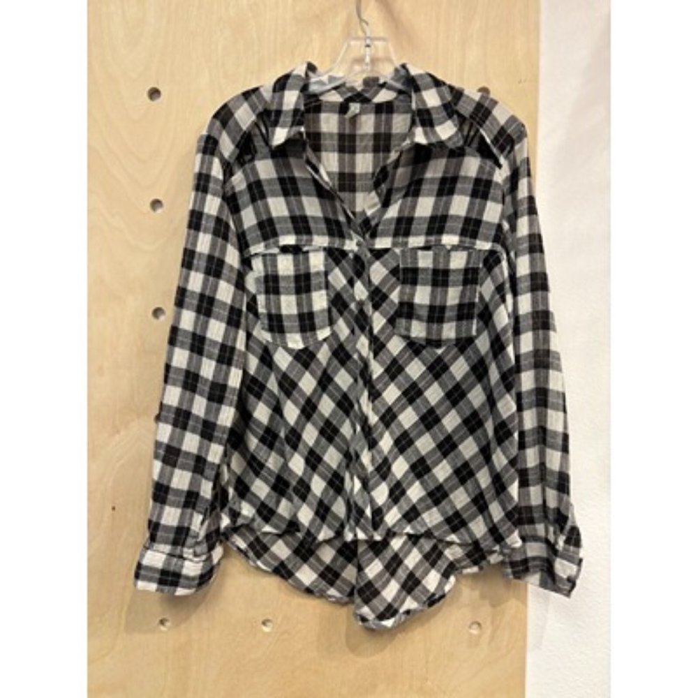 Free People Black & White Long Sleeve Plaid High Low Hem Button Up Shirt Size XS